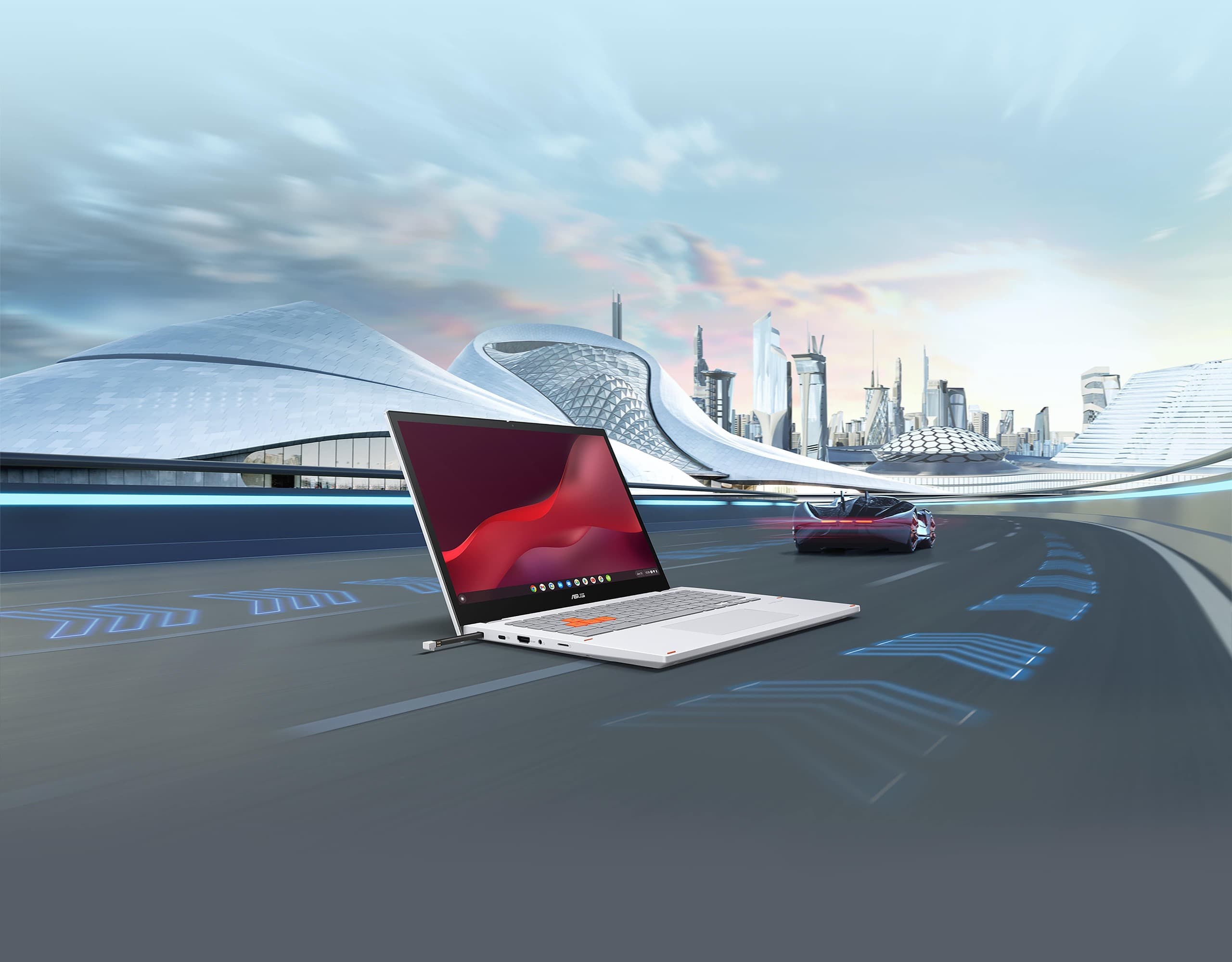 An angled front view of ASUS Chromebook Vibe CX34 Flip in laptop mode, against backdrop featuring a black racing car on track and futuristic skyscrapers.