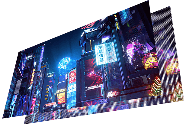 Dual layered image of a cyberpunk city, with the lower layer image showing the Mini LED array.