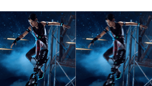 Side by side images of ROG SAGA character SE7EN avoiding gunfire, with one blurry and the other clear, to simulate a refresh rate comparison.