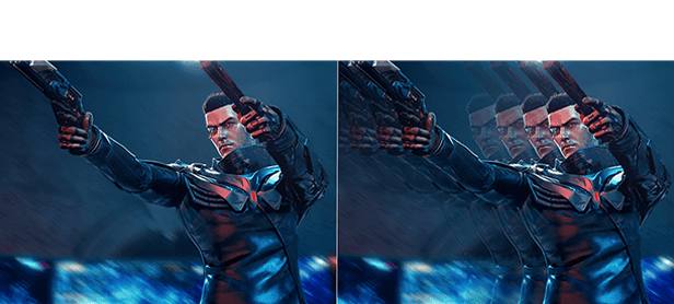 Персонаж ROG-саги HORSEM4N показан на двух расположенных бок о бок изображениях для иллюстрации эффекта от разной частоты обновления экрана: одно изображение смазанное, а другое – четкое.