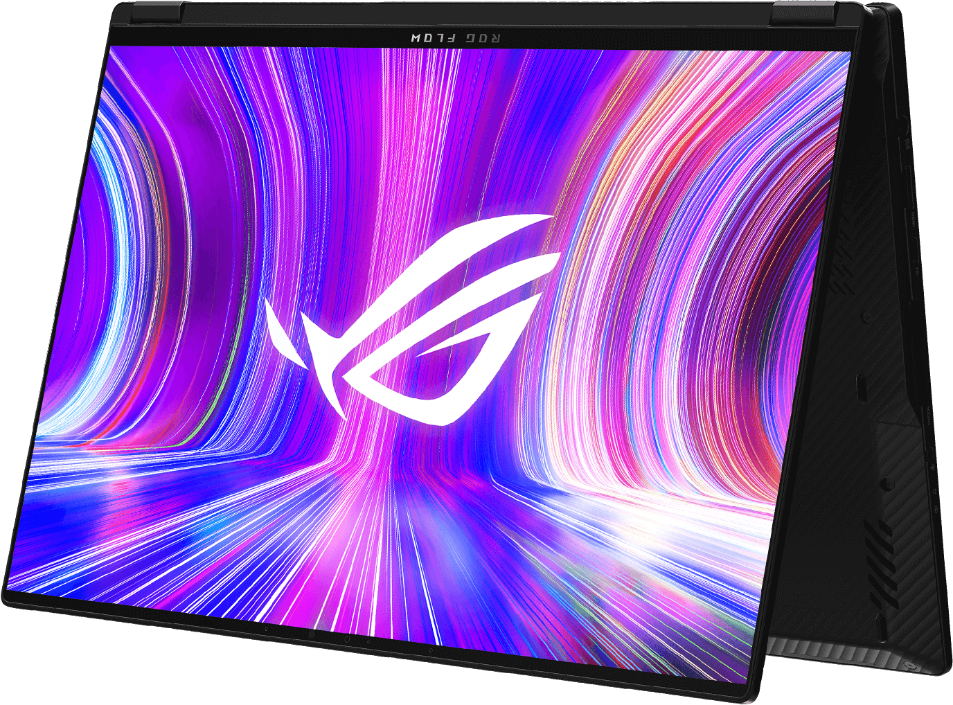 The ROG Flow X16 in tent mode with the ROG “Fearless Eye” logo on screen.