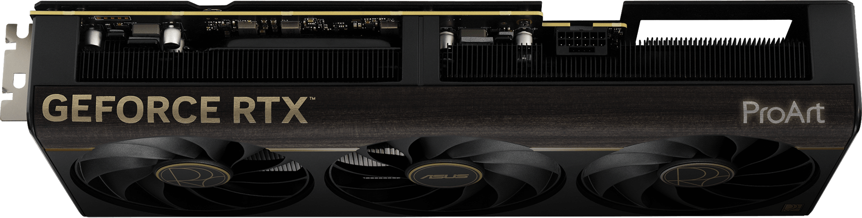 ProArt GeForce RTX 5080 card, angled top down view showing slot design with lighting