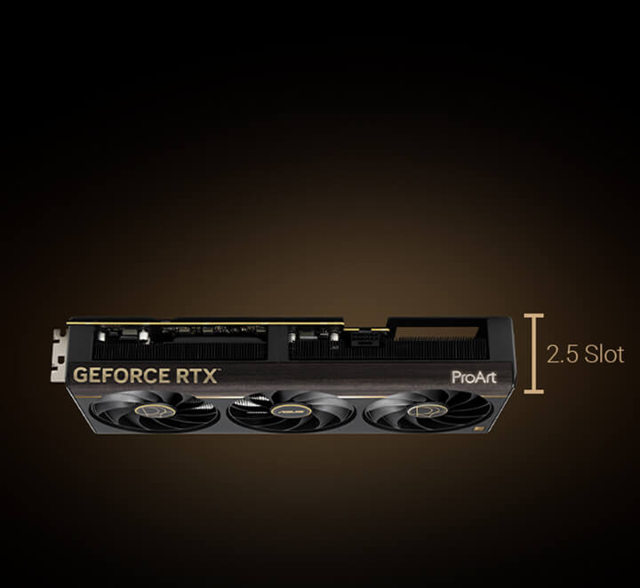 ProArt GeForce RTX 5080 card, angled top down view showing slot design with lighting