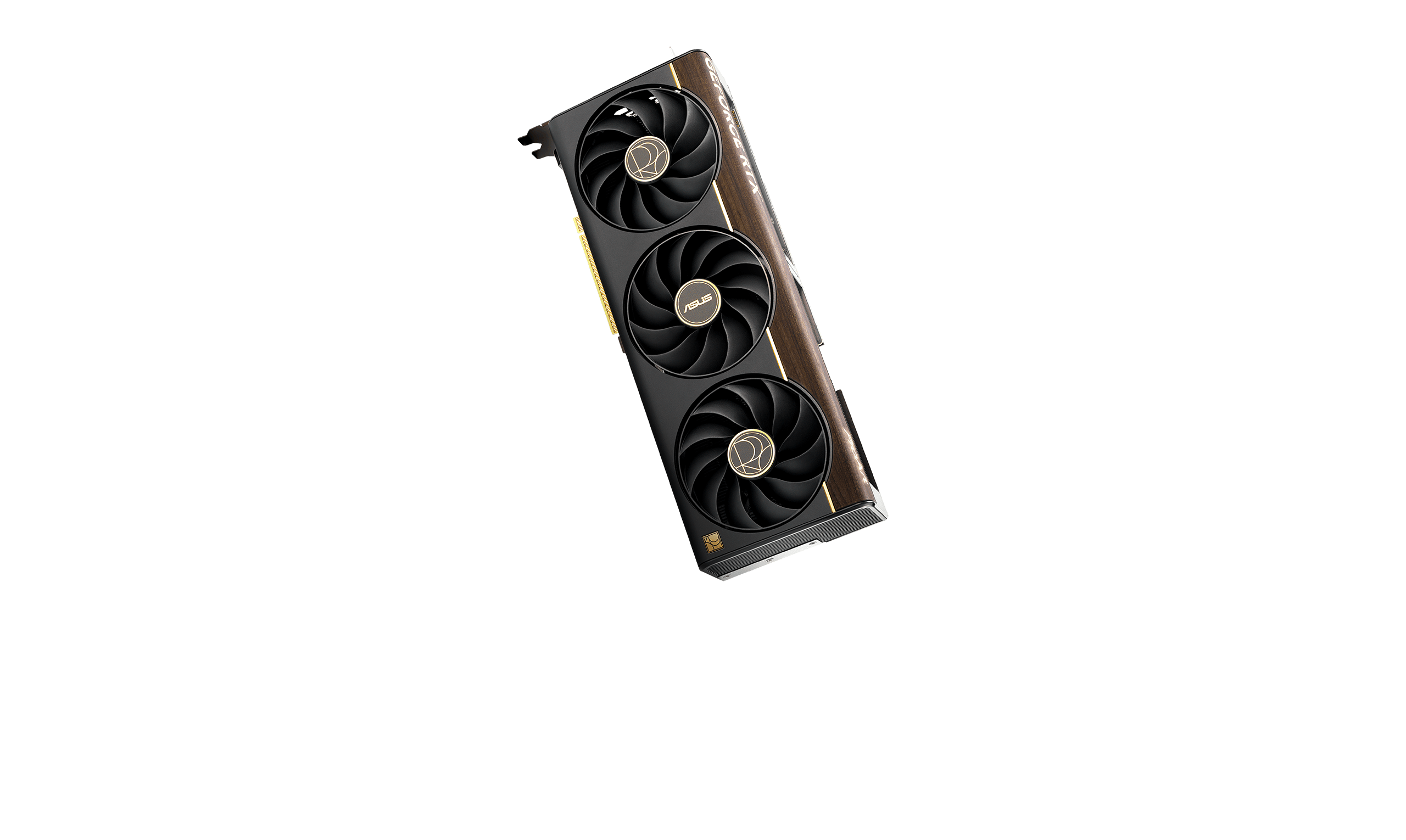 ProArt GeForce RTX™ 5080 graphics card floating in a war color background with concrete foundation