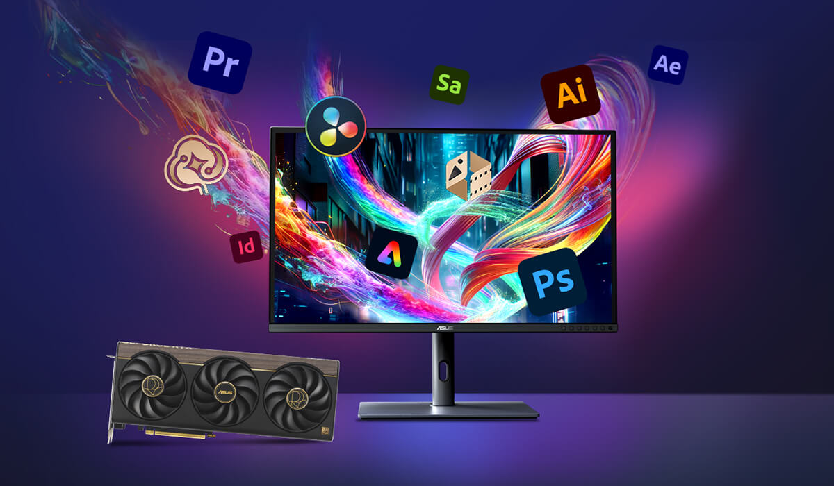 Monitor and ProArt graphics card on a desk, with Adobe product logos floating around the monitor