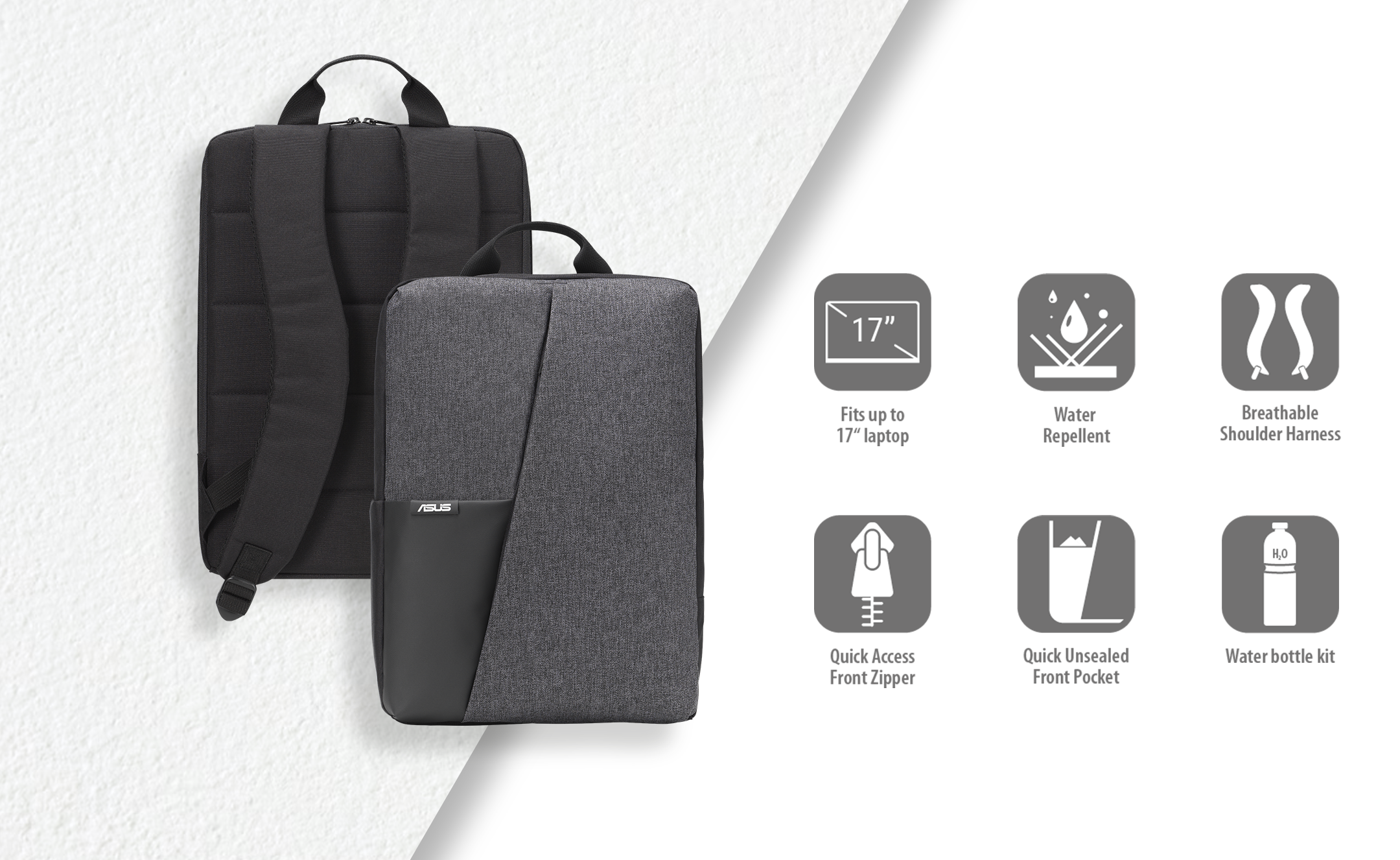 The front and rear views of the ASUS AP4600 backpack, as well as six key feature icons, including “fits up to 17 inch laptop”, “water repellent”, “breathable shoulder harness”, quick access front zipper”, “quick unsealed front pocket”, and “water bottle kit”.