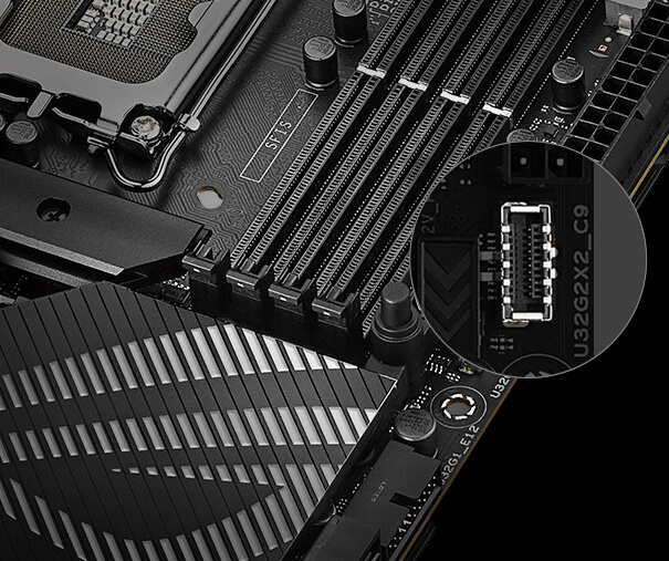 The ROG Maximus Z790 Hero motherboard features USB 3.2 Gen 2x2 front-panel connector with quick charge 4+.