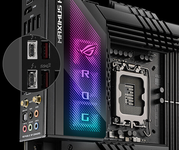 A motherboard ROG Maximus Z790 Hero tem duas portas Thunderbolt 4 Type-C™