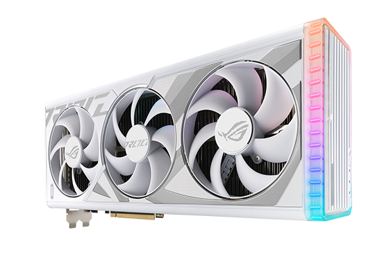 Angled top down view of the ROG Strix GeForce RTX 4080 white edition graphics card