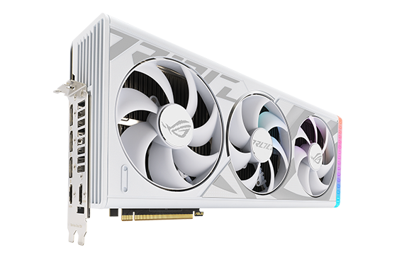 Angled top down view of the ROG Strix GeForce RTX 4090 white edition graphics card