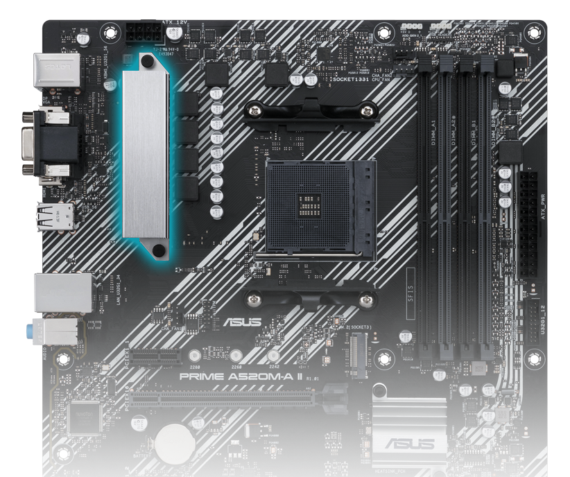 ASUS PRIME A520M-A II/CSM VRM heatsinks and thermal pads design highlight
