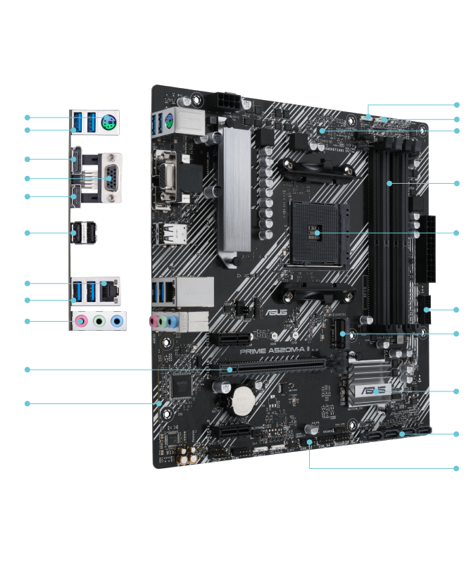 ASUS PRIME A520M-A II/CSM Layout and I/O ports highlight