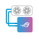Фиолетовый квадрат с логотипом ROG и двумя линиями, ведущими к вентиляторам.