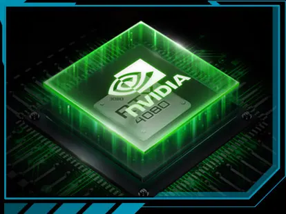 A blue square on a circuit board with the NVIDIA  logo on the inside.