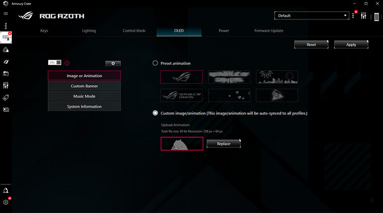 Interface utilisateur graphique de Armoury Crate pour ROG Azoth