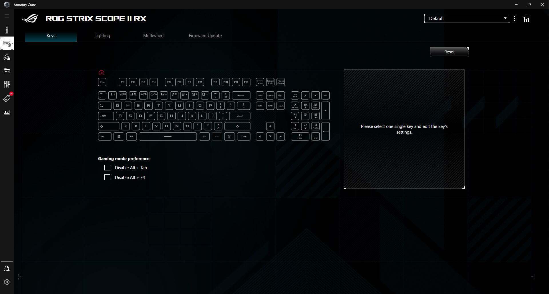 Grafické uživatelské rozhraní Armoury Crate pro klávesnici ROG Strix Scope II RX