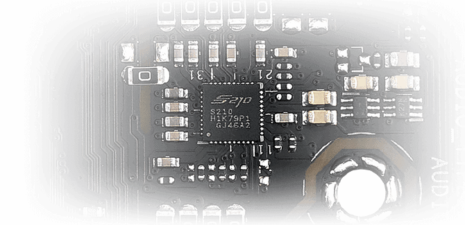 Closeup of ROG Strix B560-F Gaming WiFi highlighting S210 audio chip