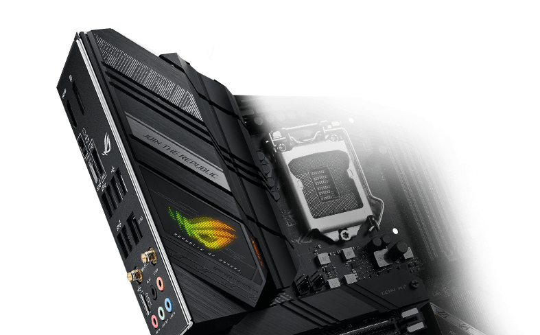 Closeup of ROG Strix B560-F Gaming WiFi pre-mounted I/O shield