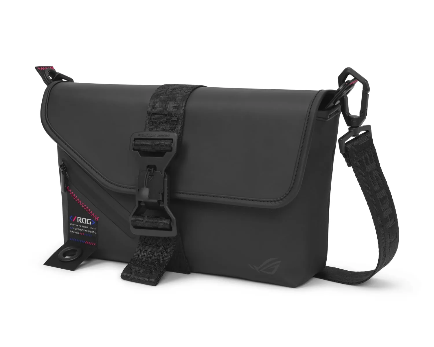 Off center front view of the ROG SLASH Sling Bag 2.0 with carry strap extended
