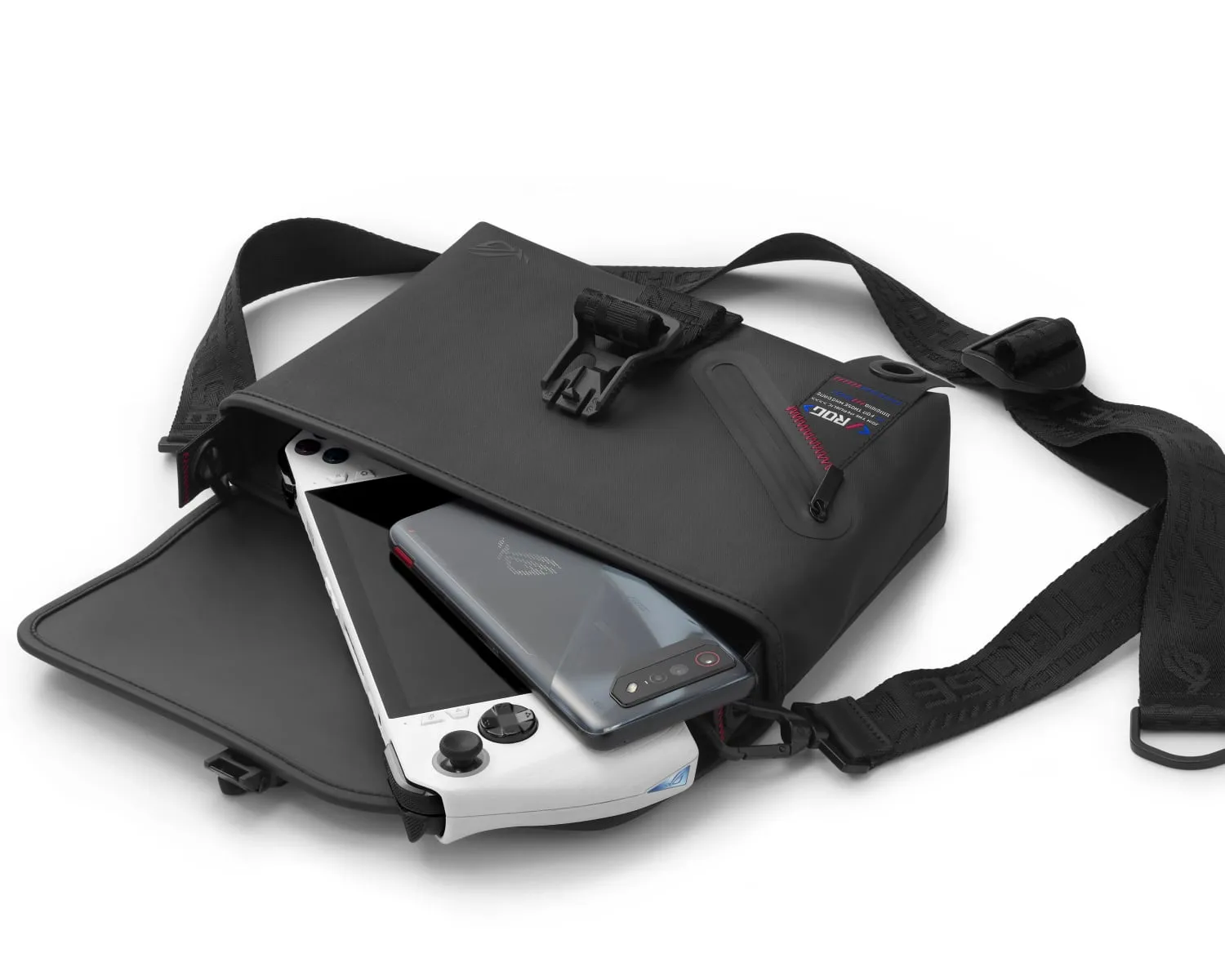 The ROG SLASH Sling Bag 2.0, with the main compartment open and an ROG Ally and ROG Phone visible inside