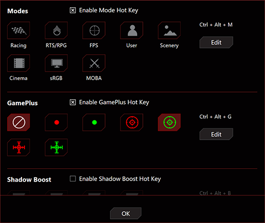 The various hotkeys that are available on the ROG Strix XG43UQ Xbox Edition