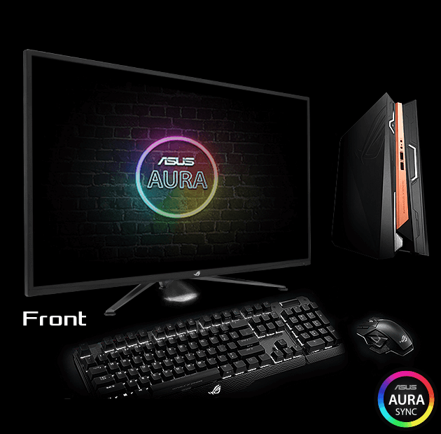 The ROG Strix XG43UQ Xbox Edition back view and front with Aura lighting affect design highlighted