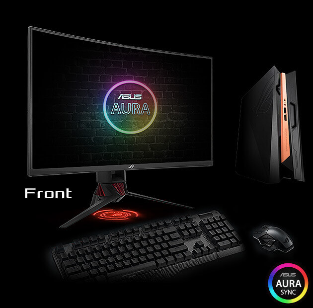 The ROG Strix XG43UQ Xbox Edition back view and front with Aura lighting affect design highlighted