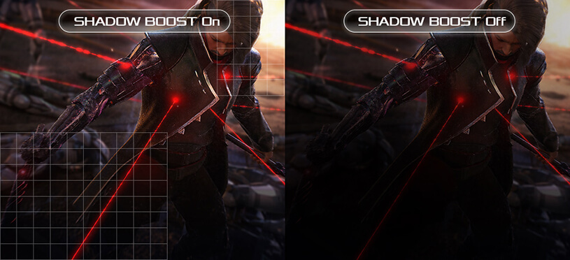 A comparison showing ROG Strix XG43UQ Xbox Edition  with and without Shadow Boost
