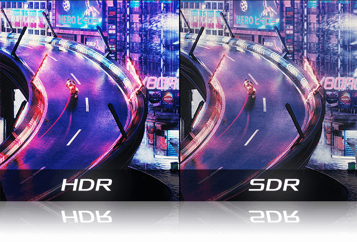 A comparison showing ROG Strix XG43UQ Xbox Edition with HDR and SDR enabled