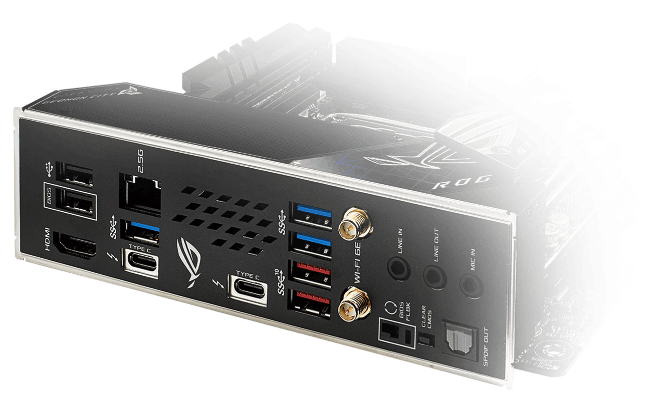 De ROG Strix Z690-I Gaming WiFi is voorzien van dubbele Thunderbolt™ 4-poorten
