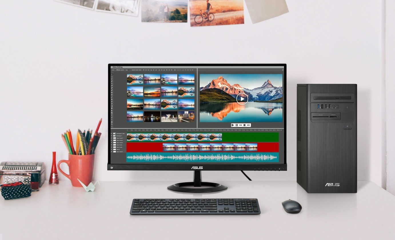 連接ASUS S500TE 的螢幕放置在辦公桌中央，螢幕上顯示影片編輯的應用程式。