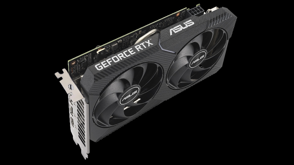 Top angled view of the ASUS Dual GeForce RTX 3050 SI Edition graphics card showcasing the heatsink