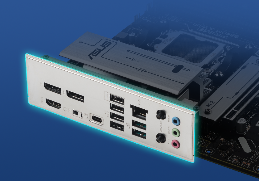 Graphic depicting the PRIME B840M-A WIFI pre-mounted I/O Shield.