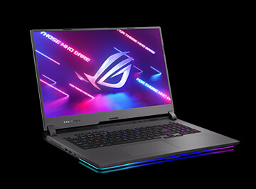 ROG Strix gaming laptop with RGB lighting and neon punk-style screen