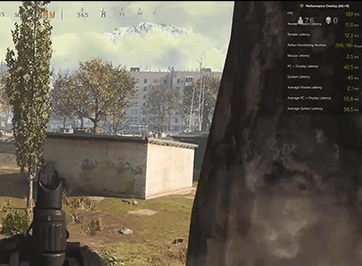First-person shooter gameplay with NVIDIA Reflex latency metrics