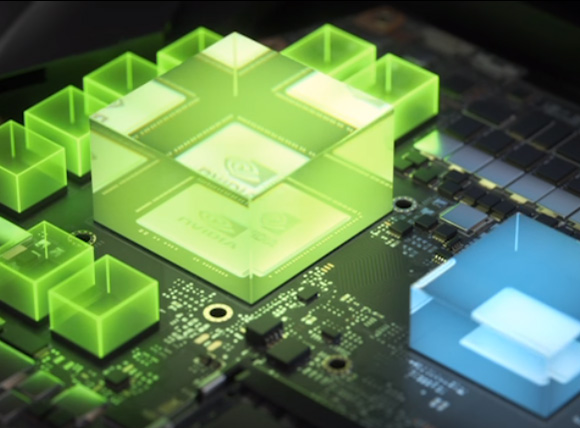 NVIDIA GPU chip with glowing green blocks representing parallel processing