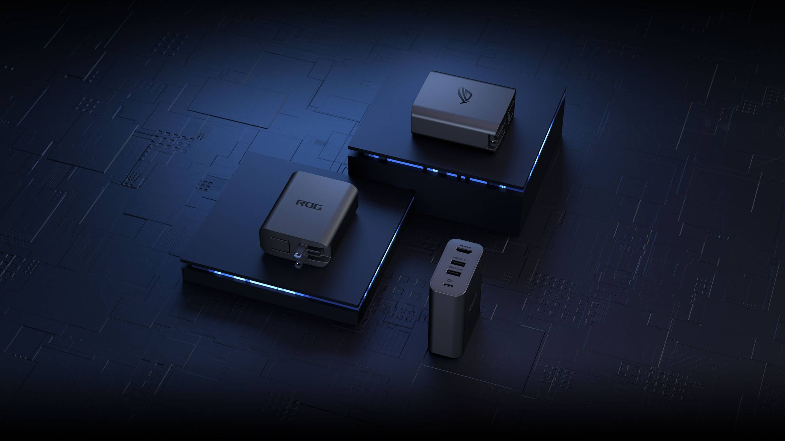 ROG 100W Gaming Charger Dock displayed on a futuristic circuit-themed background. The charger is shown from multiple angles, highlighting its compact, portable design and multiple USB ports.