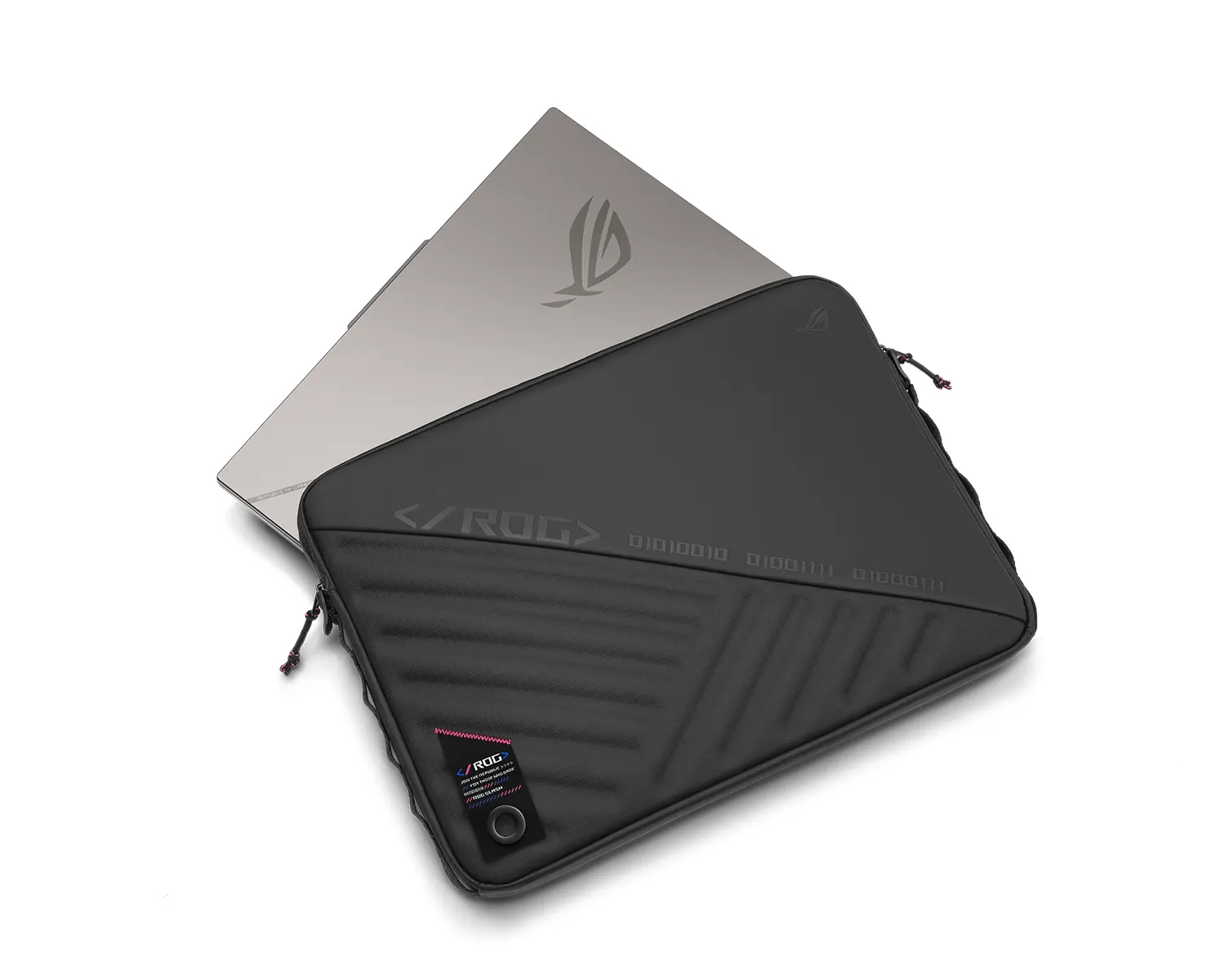 The ROG SLASH Sleeve Bag 4.0 on a white background, with a laptop half inserted into the sleeve.