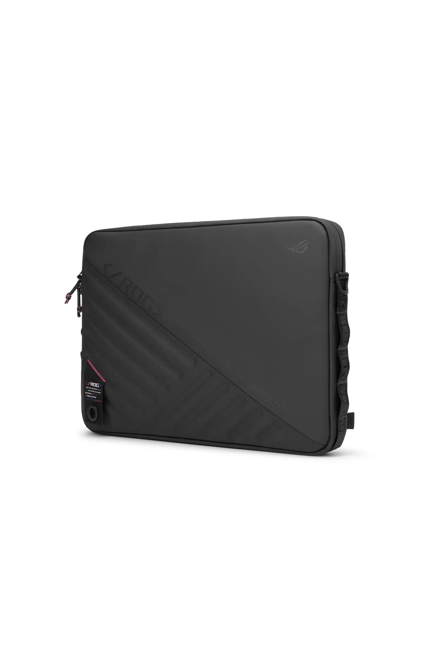 The ROG SLASH Sleeve Bag 4.0 standing on its edge on a white background.