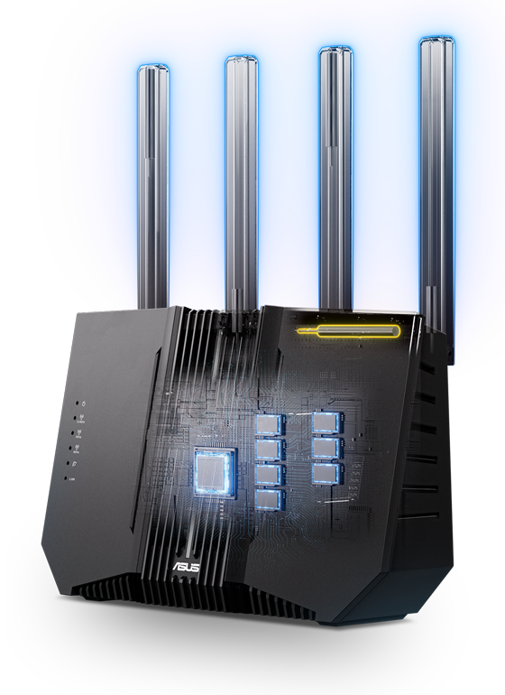 RT-BE92U front angled transparent view, showing CPU, FEMs and four external antennas