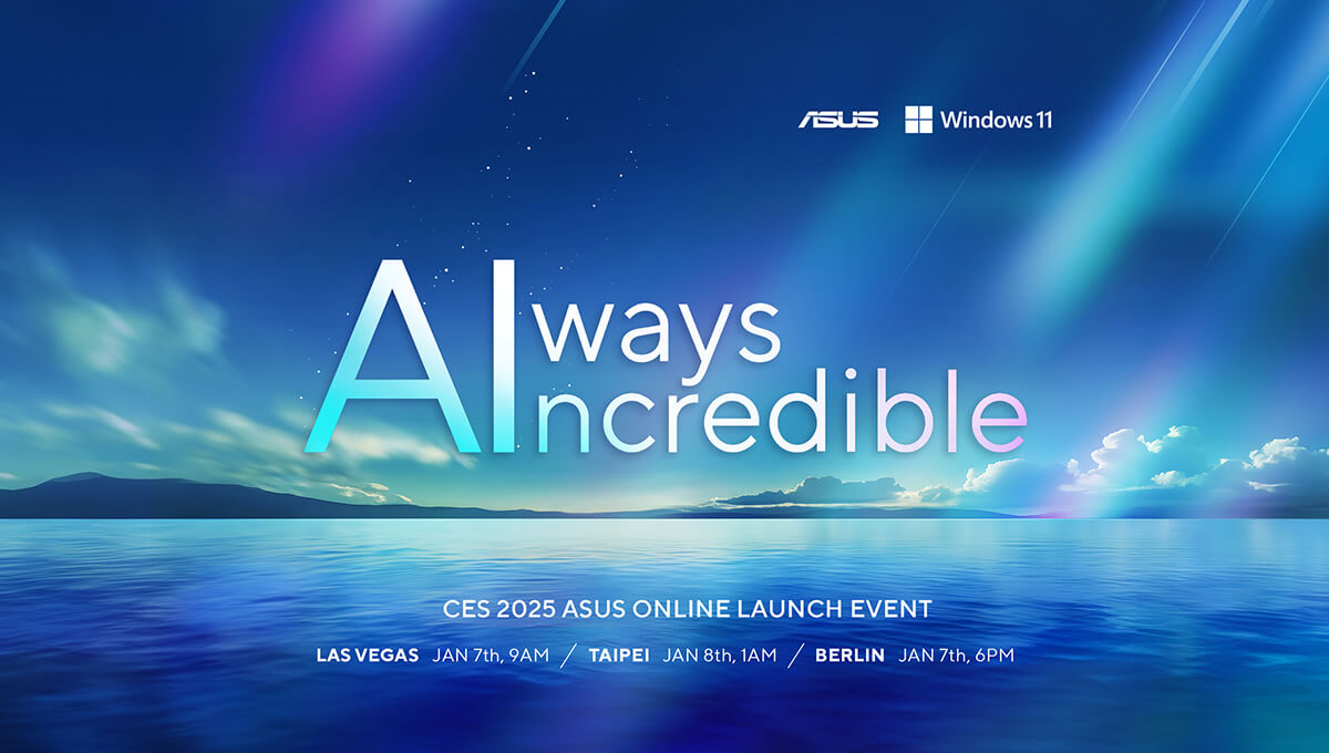 The Always Incredible theme for ASUS at CES 2025 is shown over an image of a large blue lake that glows with light beneath a starry sky.