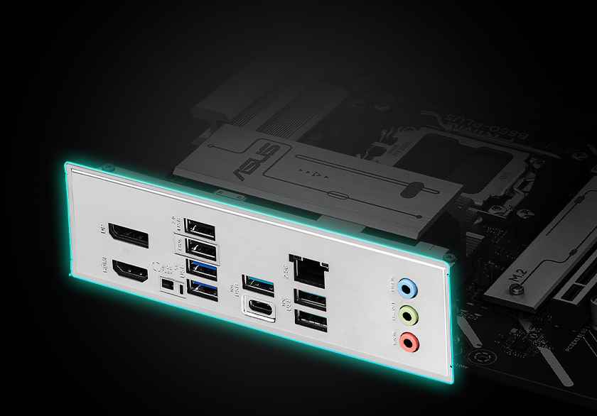 Graphic depicting the PRIME B850-PLUS pre-mounted I/O Shield.
