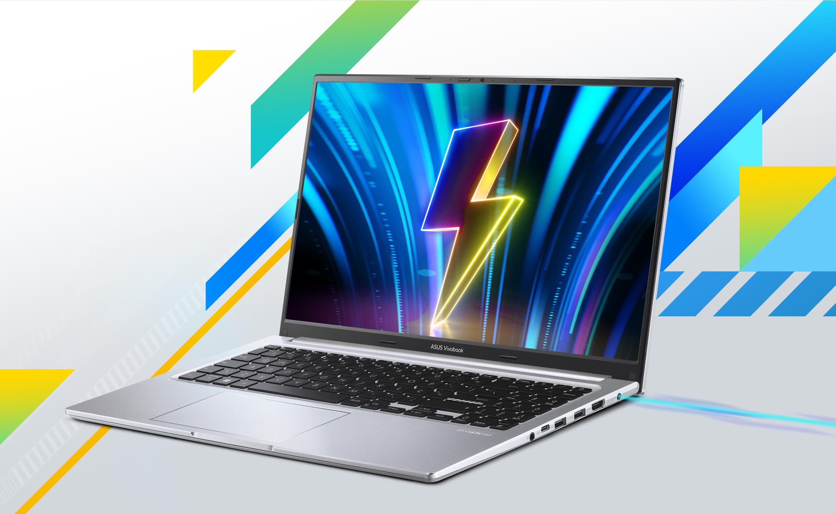 An opened Vivobook 16 with a thunder bolt on its screen.