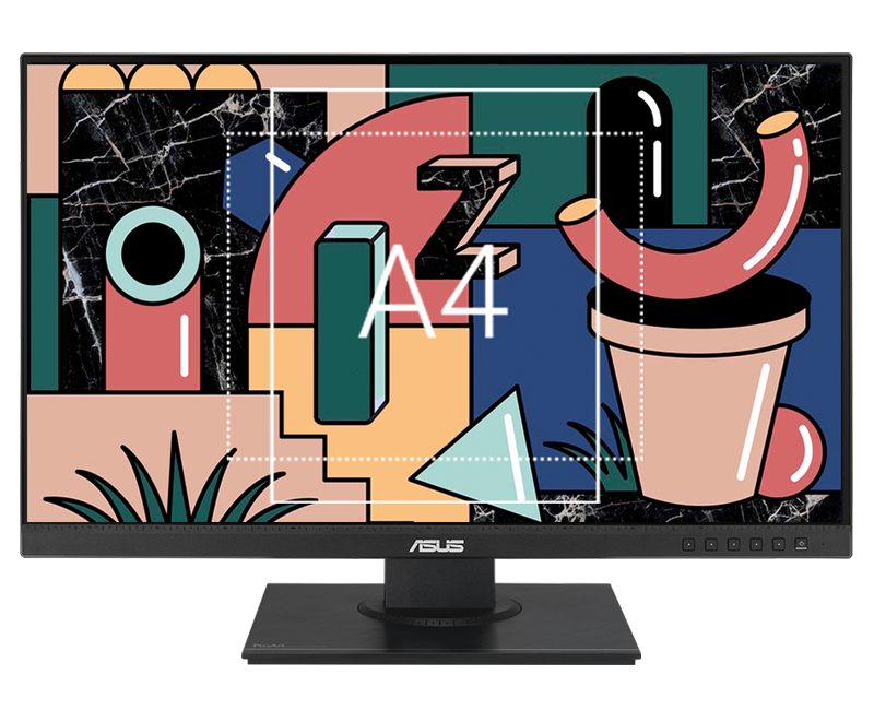 ASUS QuickFit Virtual Scale 在螢幕上疊加 A4 網格，以提供實際尺寸的預覽。