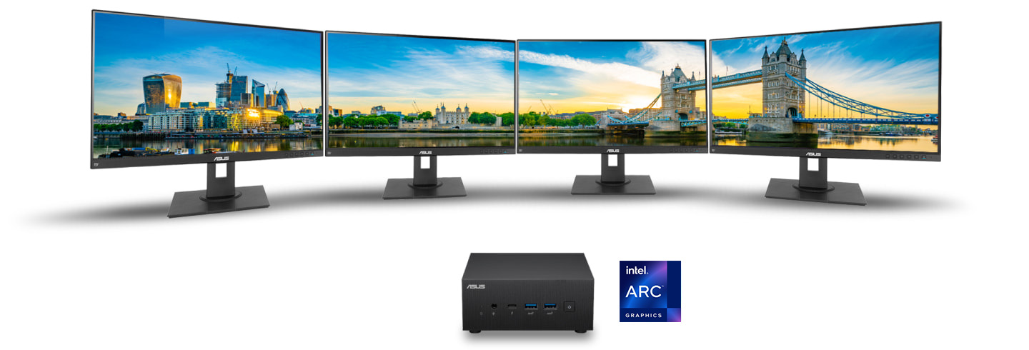 ExpertCenter PN65 stands in front of quad 4K monitors with a Intel Iris Xe graphics logo