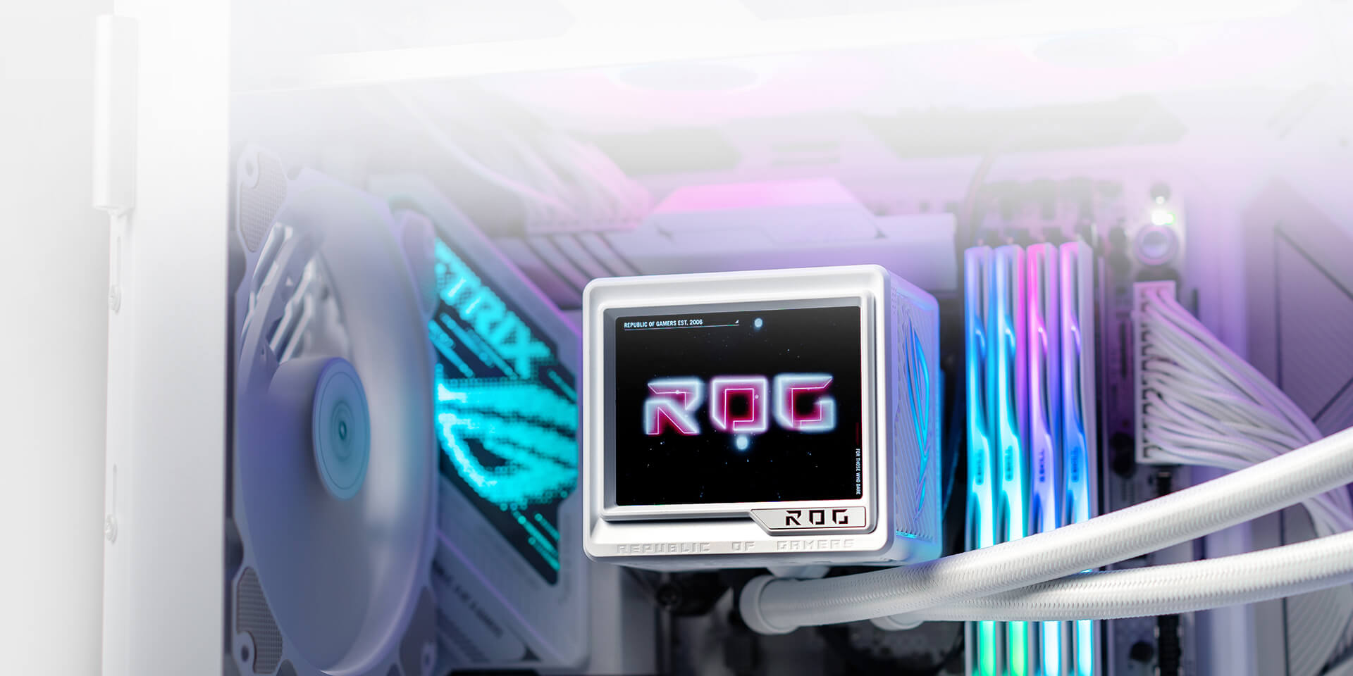 Close-up of the ROG Ryujin III 360 ARGB Extreme White Edition in a PC build