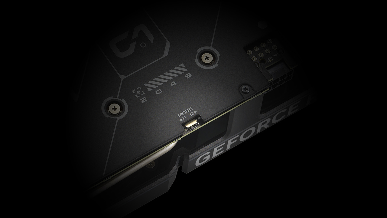 Close-up van de ASUS Dual GeForce RTX 4060 Dual BIOS-schakelaar