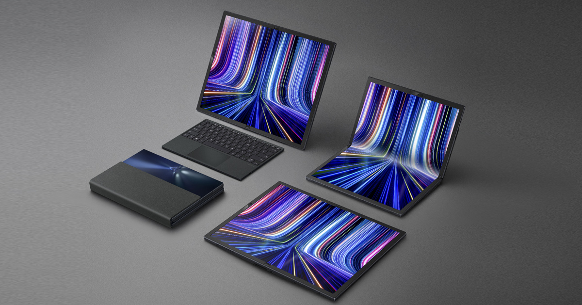 Zenbook 17 Fold OLED is a versatile 17” laptop that can be used in 6 modes: Laptop Mode (with physical or virtual, on-screen keyboard), Desktop Mode, Tablet Mode, Extended Mode, and Reader Mode, and fully folded when not used
