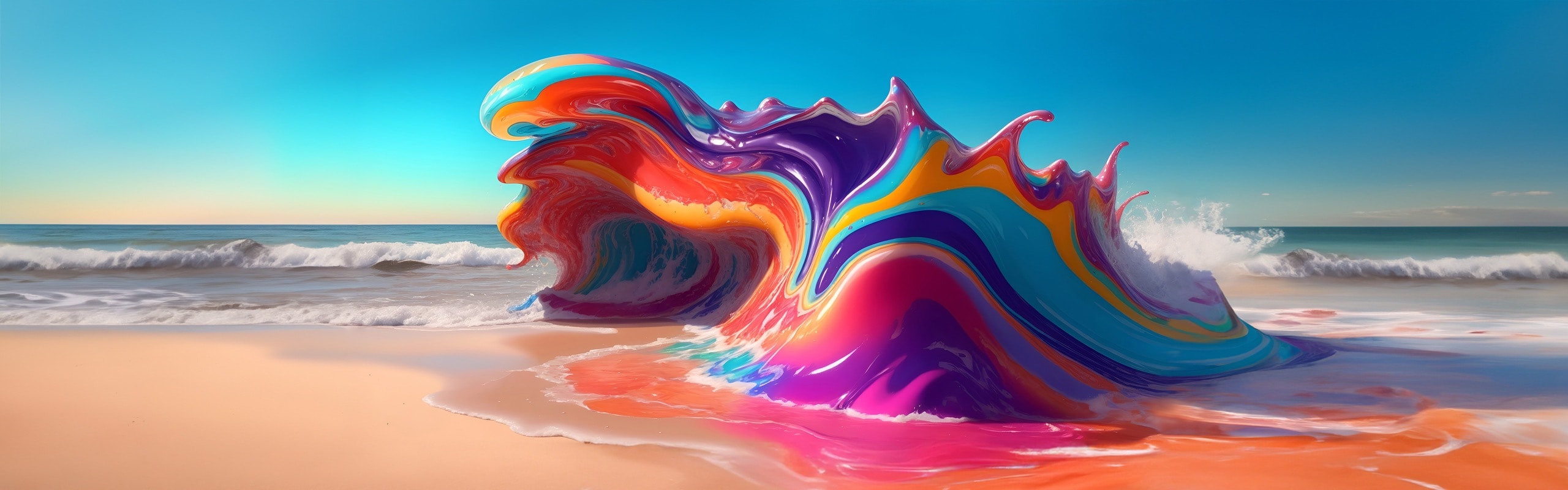 彩虹色的 3D 藝術作品，主視覺的形狀像海灘上的巨大波浪。