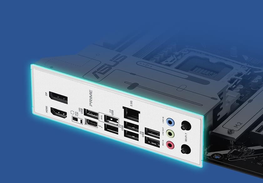 Graphic depicting the PRIME Z890-P WIFI-CSM pre-mounted I/O shield. 